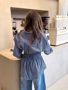 Women's Elegant Commute Street Casual Plaid Checkered Shirt Blouse, Elastic Waist Gathered Design, Shirt Collar Front Button Placket, Long Sleeve, Perfect For Spring And Autumn Outfits And Daily Casual Workplace Commute Wear - Blue - View 8