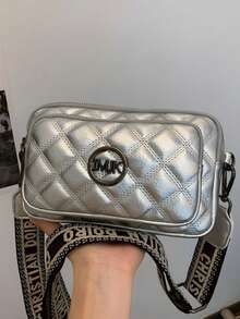 Shiny Silver Quilted PU Crossbody Bag, Dual Zipper Layer Design, Black Hardware Decor, Portable Casual Outdoor Shoulder Bag - Silver - View 5