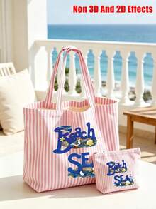 Pink Striped Tote Bag With "BEACH" Shell And Wave Pattern Print, Summer Theme. Large Capacity Striped Handbag And Makeup Bag, Casual Shoulder Bag, Lightweight Shopping Bag, Portable Cosmetic Storage Bag, Suitable For Travel, Shopping, Commuting And Daily Use, Gift For Women, Lovers, Friends, Birthday Gift, Holiday Gift, Party Gift, Vacation Gift, Back To School Gift, Anniversary Gift, Teacher Gift - Multicolor - View 6