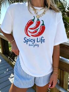Casual Graphic Style, Women's T-Shirt, Red Chili Peppers Spicy Life Everyday Print, Summer Beach Vacation, Gift For Friends Or Family - White - View 2