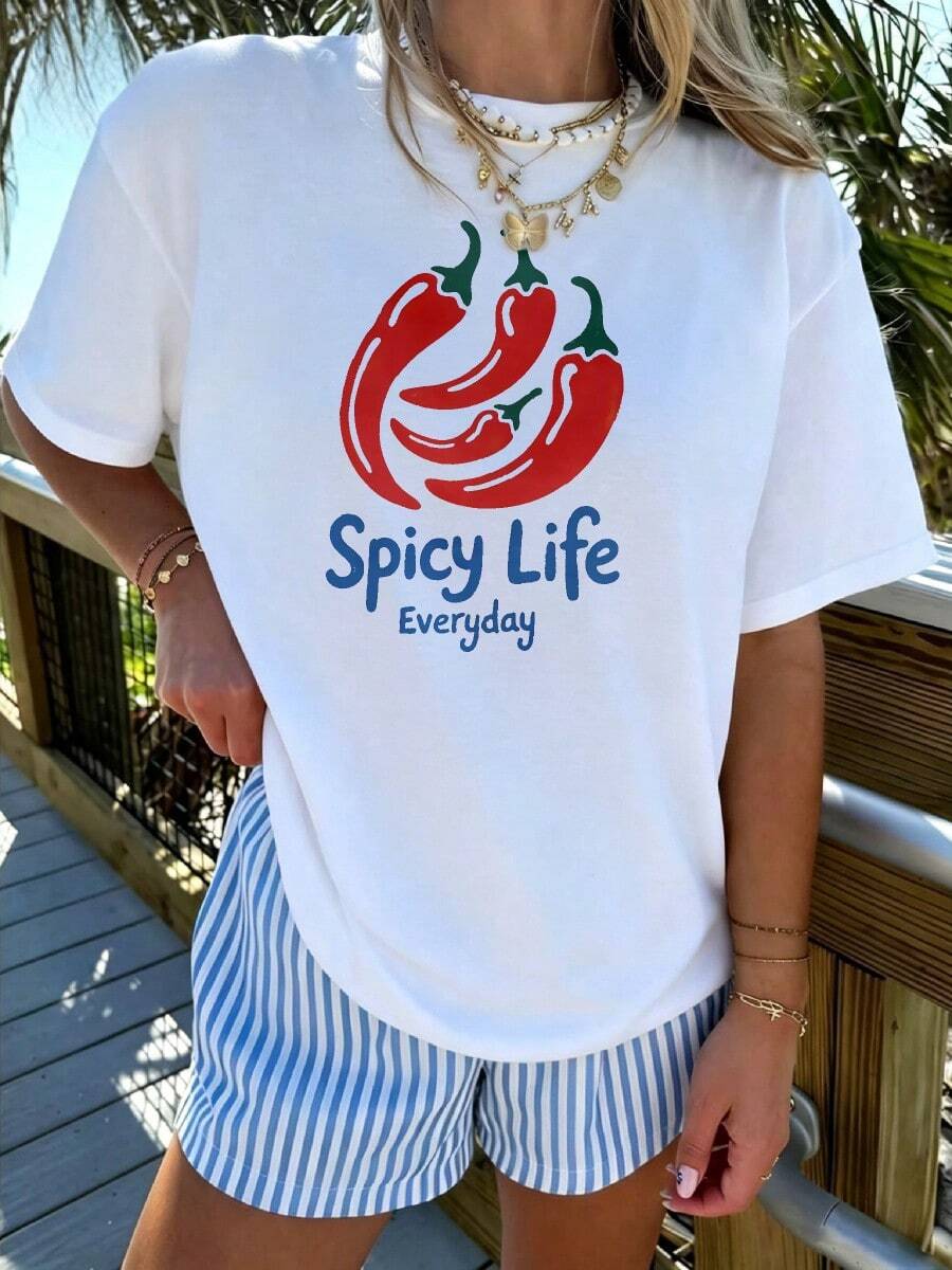 Casual Graphic Style, Women's T-Shirt, Red Chili Peppers Spicy Life Everyday Print, Summer Beach Vacation, Gift For Friends Or Family