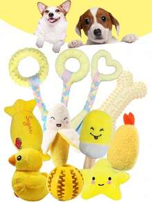 1/4 Set Cute Squeaky Puppy Chew Doll Set, Plush Duck Banana Star Dolls And TPR Teething Ring Bone Ball, Durable Interactive Pull Play Dog Doll Set, Suitable For Small And Medium Dogs, Stimulate Brain And Relieve Boredom, Indoor Pet Birthday Holiday Gift - Multicolor - View 1