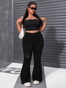 Curvy‑Size Pantalones campana de cintura alta con gran elasticidad, roturas con flecos que elevan glúteos ideal para figuras curvy - Negro - Ver 5