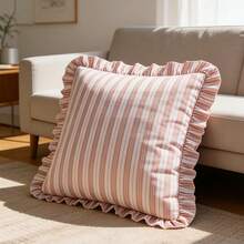 1pc Striped Ruffle Pillow Case, Bohemian, Soft Square Decorative Cushion Cover, Country Style Light-Colored Striped Sofa Bed Home Decor, No Inner Core - Blue - View 9