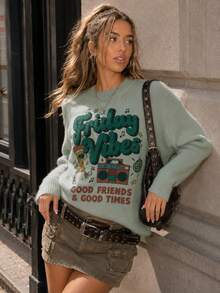 Women Graphic Sweater Gray Retro Horror Print Knit Pullover Top Cute Y2K Streetwear Long Sleeve Jumper Halloween Fall Winter Casual Going Out - Green - View 6