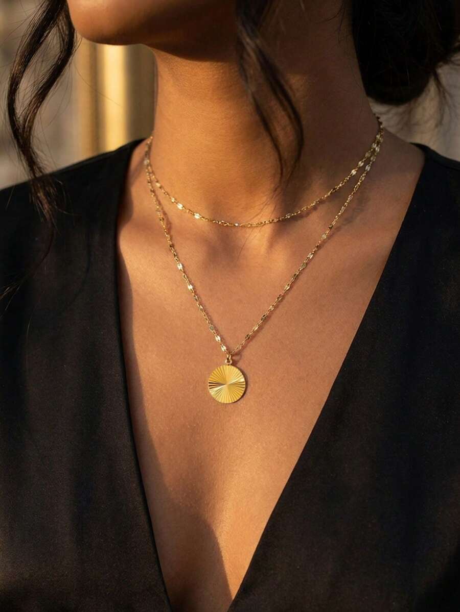 1 Stück Gold Edelstahl 18K vergoldete doppelschichtige gestapelte Blumenanhänger Halskette, elegant und vielseitig für Frauen, geeignet für den täglichen Gebrauch - Gold - Übersicht 1