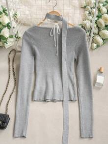 Atasan Rajut Wanita Gaya Korea Musim Gugur/Dingin, Model Halter Neck dengan Hiasan Renda dan Warna Kontras, Atasan Wanita Leher Bulat Besar dengan Bordir dan Lapisan Dasar Bergaris untuk Musim Gugur. - Grey - View 9