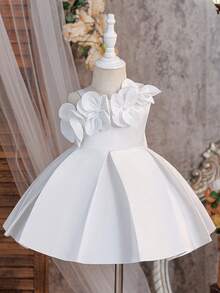 Baby Girls Asymmetrical Shoulder Solid Color Flower Beaded Bow Satin Elegant Birthday Party Dress, Suitable For Flower Girl Wedding, Headband Not Included - White - View 3