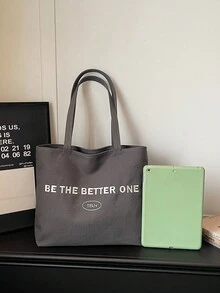 時尚字母刺繡多色布料托特包，大容量附肩帶後背包，適合學生日常通勤 - 黑色 - 查看 5
