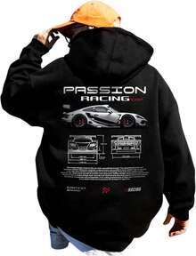 Men's Oversized Hoodie - Racing, Dragon & Street Art Graphics.Heavyweight Streetwear Pullover, Relaxed Fit Winter Casual Sweatshirt. - White - View 1