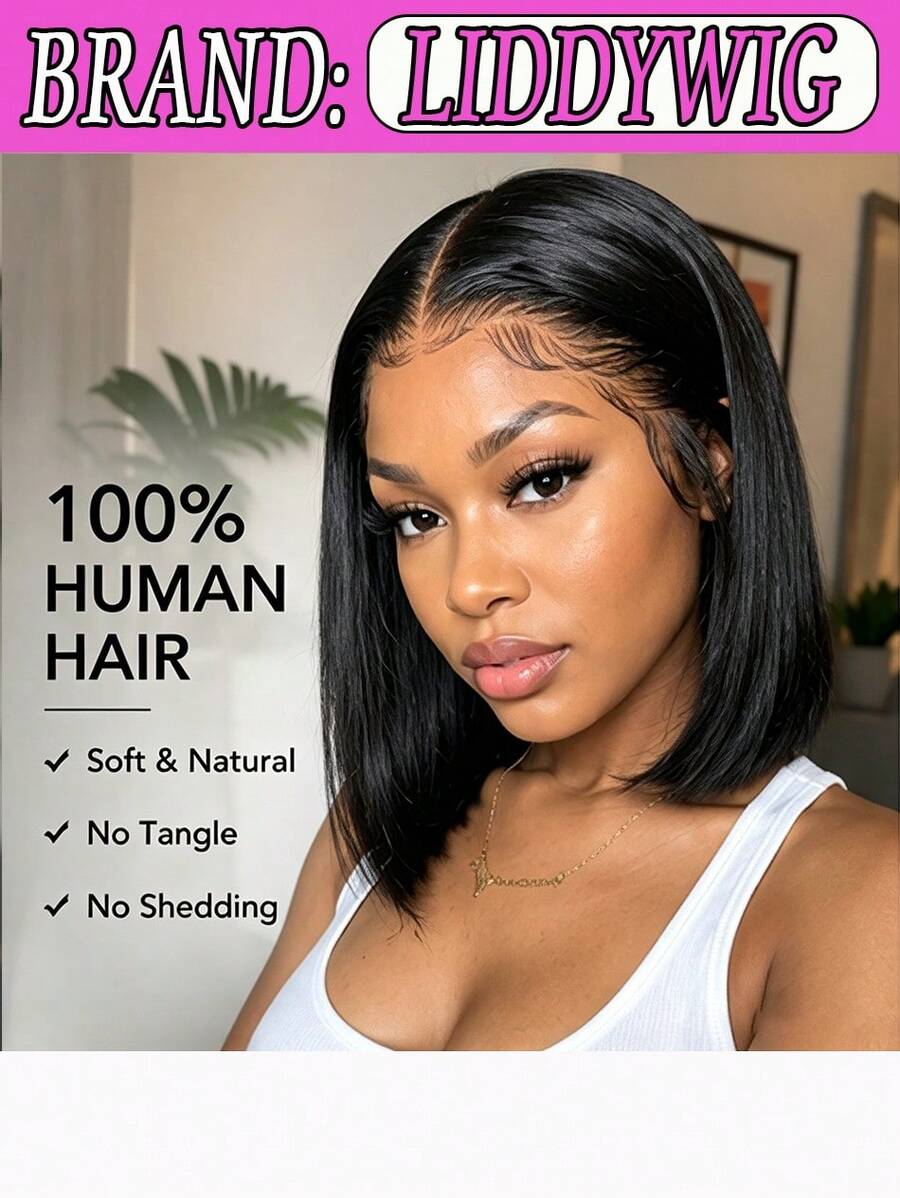 100% Human Hair Bob Wigs 13x4 HD Lace Front Wigs Straight Brazilian Natural Color Human Hair Lace Frontal Wigs For Women Breathable ,Adjustable Band ,Large Lace Area Wig Cap 200% Density Transparent Lace Frontal Wig For Party, Cosplay, Daily Use - 自然色彩 - 查看 1