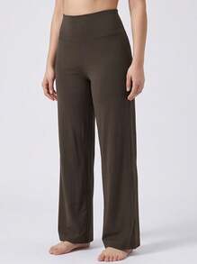 Never me Celana Olahraga Wanita Polos dengan Kontrol Perut, Potongan Lurus, Celana Lari, Komuter, Serbaguna, Kasual, Potongan Lebar - Chocolate Brown - View 8