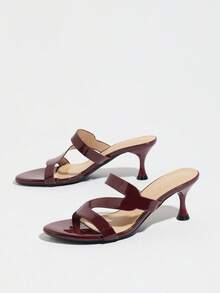Women's Summer Burgundy Glossy Kitten Heel Open Toe Sandals Unique Z-Strap Slip-On Mule High Heel Sandals Elegant Style Exquisite Versatile Suitable For Banquet Party Date Commute Vacation Daily Gathering Shopping Outfit Mature Fashion High-End Women's Shoes - Burgundy - View 5