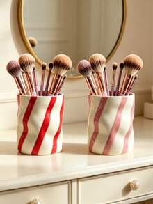 Red & White Striped And Pink & White Striped Resin Makeup Brush Holder, Decorative Cosmetic Storage Box For Vanity, Cute Makeup Brush And Pen Cup, Desktop Organizer For Makeup Brushes And Office Supplies, Elegant Makeup Brush Holder, Ideal For Girls, Students And Creative Decor Design (No Power Required) - Multicolor - View 2