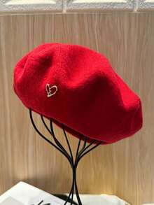1pc/2pcs Women's Solid Color Wool Warm Beret, French Style Classic Rimless Beret, Suitable For Casual And Party Wear, Metal Heart Decoration, Candy Color Dopamine Style Autumn/Winter Hat - Heart Logo Beret - View 27