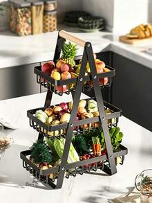 Multi-Layer Fruit Basket, 3-Tier Hollow Mesh Kitchen Storage, Living Room Coffee Table Handheld Snack & Vegetable Organizer, Handheld Fruit Basket, 2-Tier Storage Basket, Desktop Organizer Basket, Snack Storage Rack, Colander Fruit & Vegetable Basket - Black - View 12