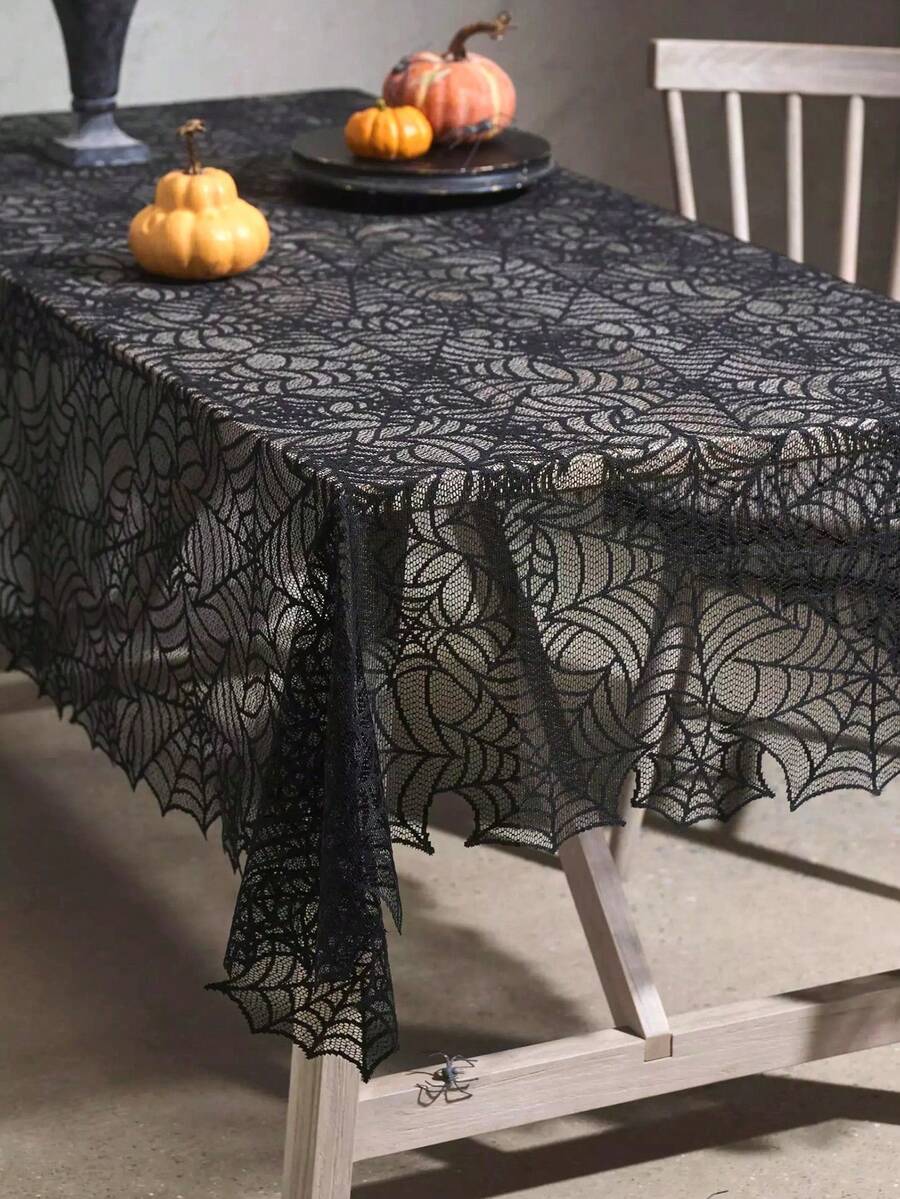 Halloween Tablecloth, Spider Web Lace Tablecloth, Black Lace Gothic Halloween Decor, Spider Web Tablecloth Black Tablecloth, Rectangular Halloween Tablecloth, Suitable For Party Gothic Horror Home Decor - Black - View 1