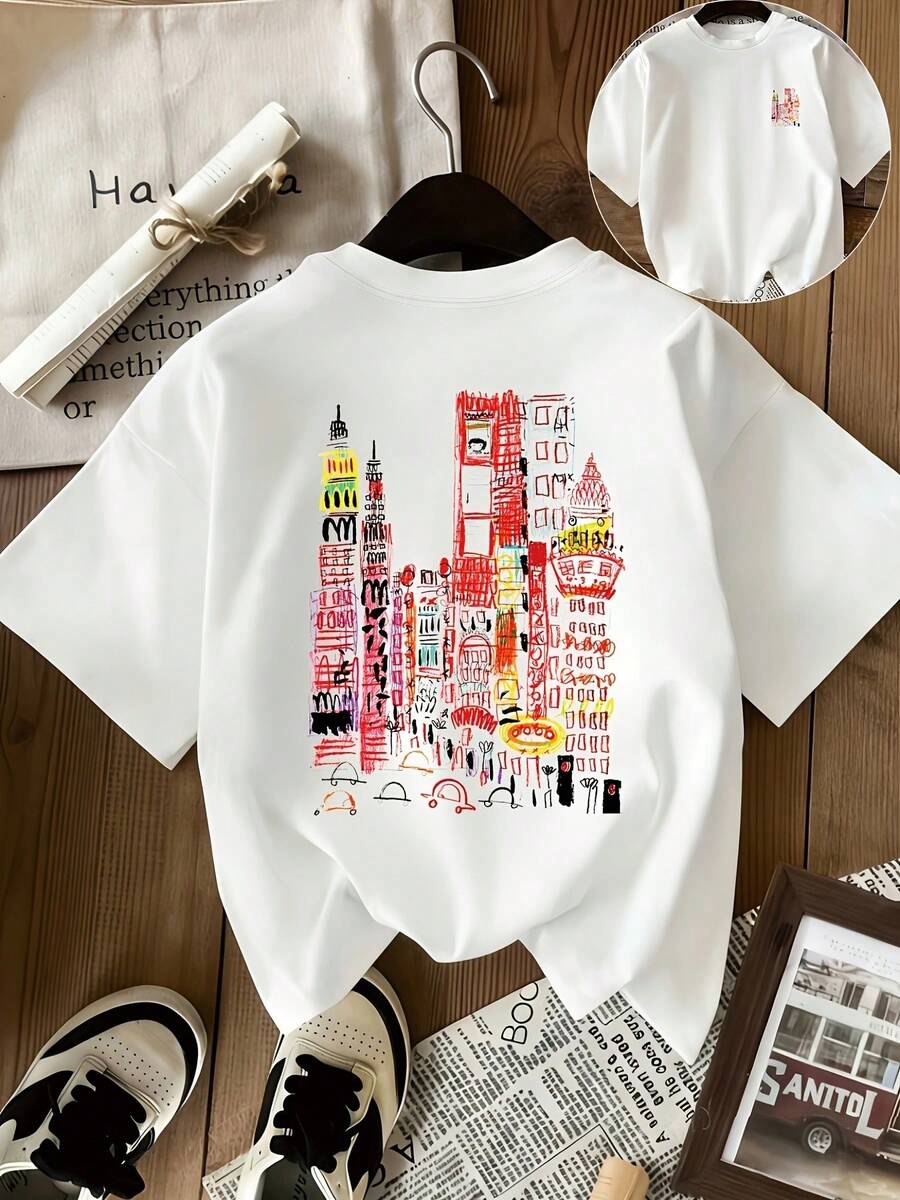 Nuova T-shirt estiva da donna a maniche corte con stampa graffiti colorata di grattacieli cittadini - Bianco - Visualizzare 1