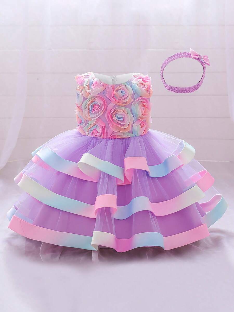 Baby Girls Round Neck 3D Flower Colorful Rose Purple Tulle Cute Birthday Party Princess Dress, Free Headband - Purple - View 1