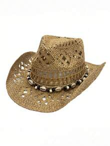 1 pieza Sombrero de paja estilo bohemio con diseño hueco de concha, sombrero de playa tipo vaquero, sombrero de paja tejido a mano puro, adecuado para vacaciones y fotografía - Caqui - Ver 2
