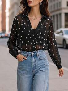 Black Polka Dot Sheer Shirt, Women Elegant Collared Long Sleeve Button Down See Through Chiffon Casual Blouse Vacation - Black and White - View 7