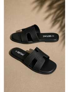 GETAC Sandalia Chancla Mujer Suela Plana Punta Abierta Casuales Liso Vintage Elegante Vacación Playa Básico Casual EVA Abertura SANDALIA MUJER Playa Boda Fiesta Casa calor verano boda playa - Negro - Ver 3