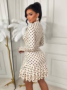AIJ Gaun Mini A-Line Lengan Panjang Motif Polkadot untuk Wanita, Desain Kerah Tegak dengan Lipatan dan Rumbai Elegan, Gaya Vintage - Dasar warna aprikot dengan bintik-bintik hitam - View 3
