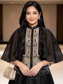 現代菲律賓風情女式襯衫上衣 1件 刺繡披肩式 Filipiniana Barong 風格上衣 - 黑色 - 查看 1