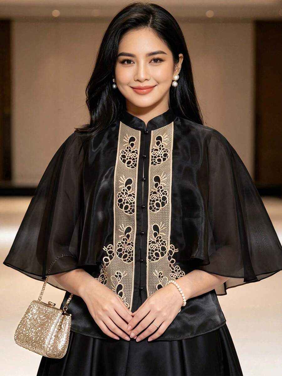 現代菲律賓風情女式襯衫上衣 1件 刺繡披肩式 Filipiniana Barong 風格上衣 - 黑色 - 查看 1