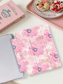 1件粉色水彩花卉平板電腦保護殼，相容 iPad Mini 4/5/6/7/Air/Air 2/9.7/10.2/10.5/10.9 (Air 4-Air 8)/Pro 11/10th Gen/A16/Pro 11 2024，相容 Galaxy A8，彩繪圖案平板保護殼，軟殼，三折支架，自動休眠/喚醒，內建筆槽，不含筆 - 彩色 - 查看 4