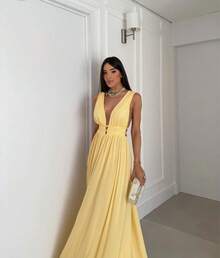 Tulle Party Dress / Neckline / Side Slit / Long For Prom, Bridesmaids, And Guests - 黃色 - 查看 2
