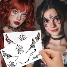 Halloween Rhinestone Face Stickers, Black & Red Dual-Color Rhinestone Dot Matrix With Spider & Bat Combination Pattern, Fits Eye Tail & Cheekbone For Atmospheric Makeup, Party Cos Halloween Makeup Easy Decoration Stickers - Multicolor - View 6