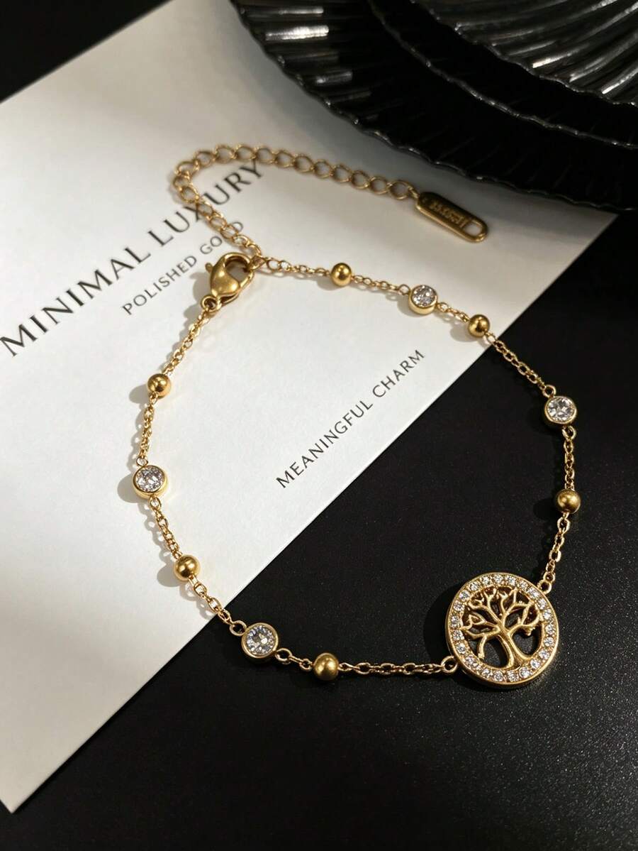 1PC Tree Of Life Rhinestone Bracelet, Symbolizing Growth And Good Luck, Color-Preserving Stainless Steel Material, Birthday Anniversary Gift For Women - Hollow Tree Of Life Bracelet - View 1