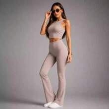 Calça Flare Feminina Cintura Alta Fitness Academia Yoga Tecido Grosso Zero Transparência - OFF WHITE - Visão 6
