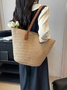 1件大容量卡其色編織拉鍊雙肩帶托特包 草編單肩包 適合旅行度假海灘 - 卡其色 - 查看 2