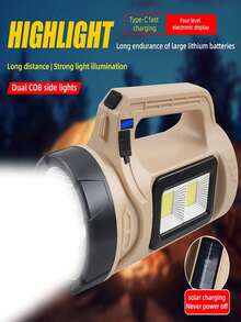 2pcs Portable Handheld LED Solar Spotlight Flashlight, IP44,One Key Control 4 Modes High Bright Search Light, Type-C Solar Dual Charge Waterproof Camping Lantern With Emergency Strobe Function - IP44 - View 2