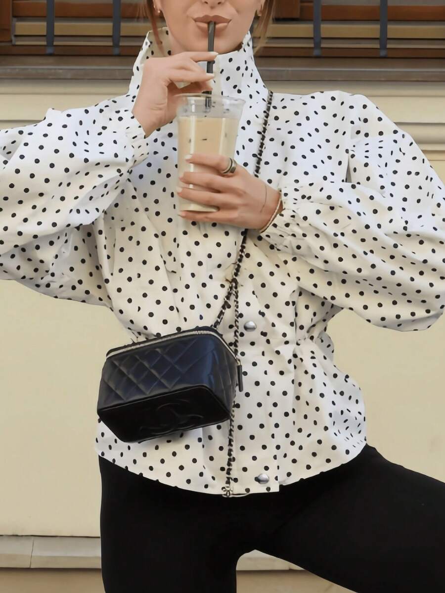 Commute Store-Visit Date Versatile Casual Polka Dot Stand Collar Long Sleeve Jacket - White - View 1