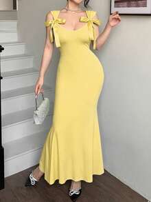 abyoxi 女款淡黃色蝴蝶結肩帶修身魚尾長洋裝，性感甜美優雅時尚浪漫，適合約會、派對、正式晚宴、情人節、返校季，修身魚尾夏季洋裝 - 鵝黃色 - 查看 5