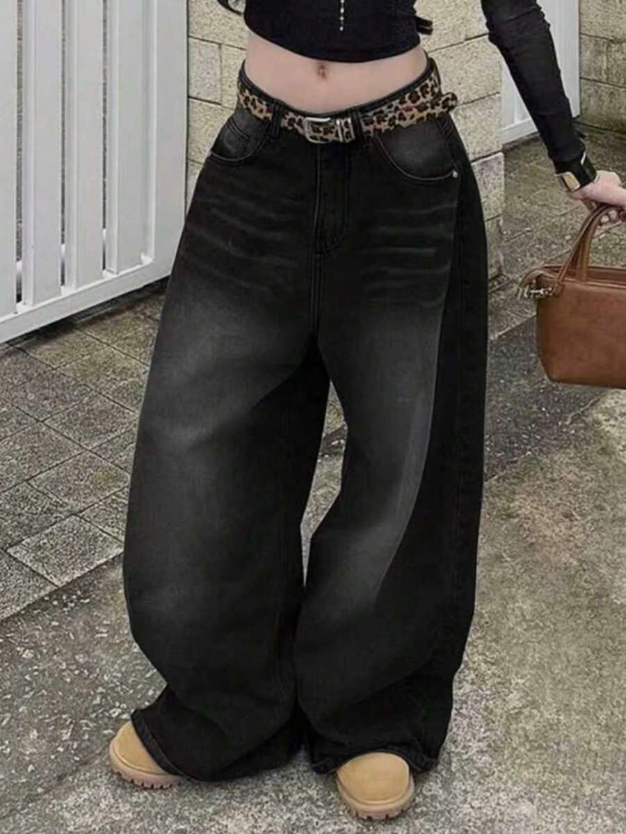 Teen Girl Fashion Versatile Pocket Loose Wide Leg Denim Jeans - Black - View 1