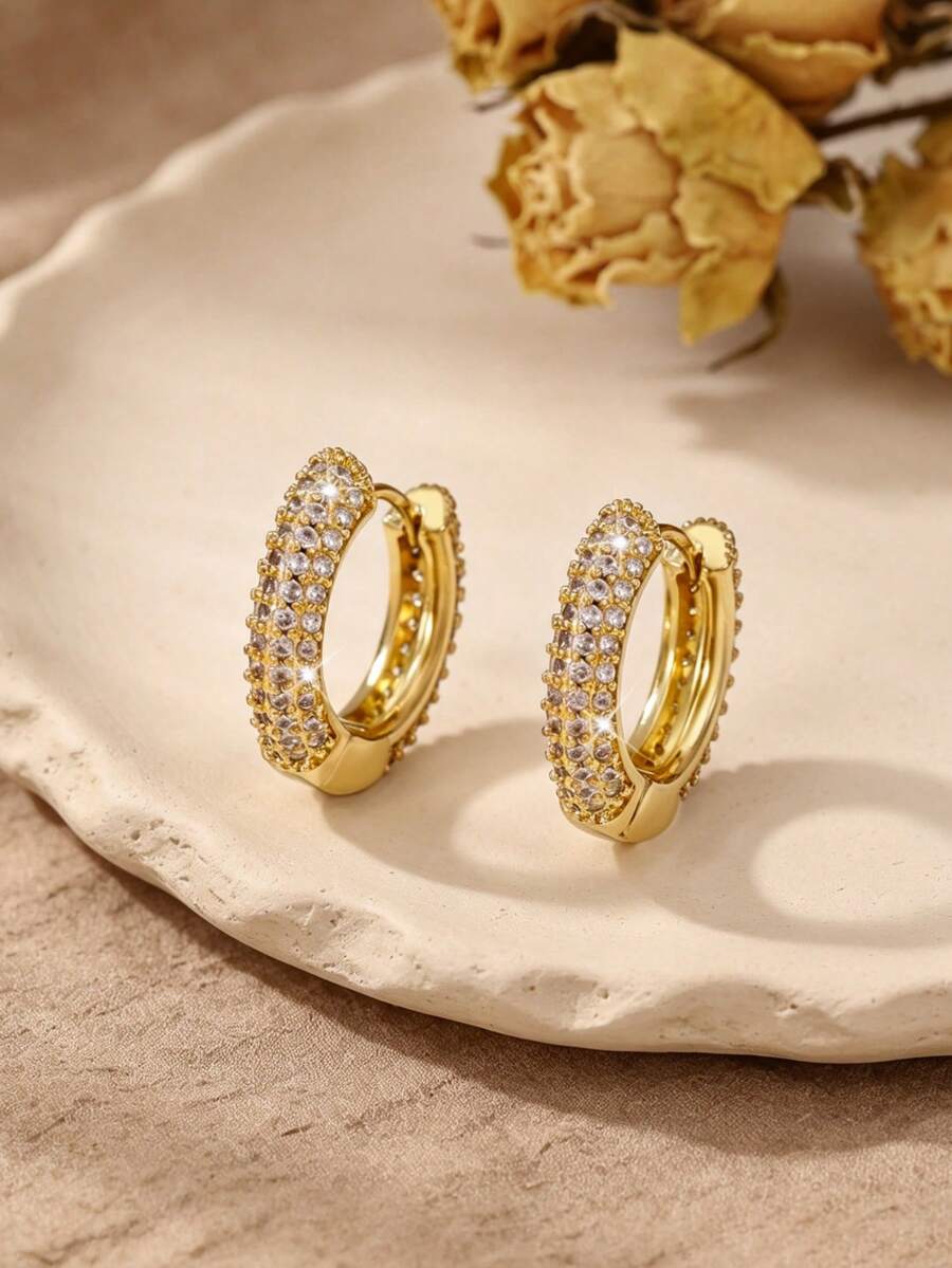 1對厚款C型耳環 金色全鋪滿鋯石 極簡寬圈通勤耳環 - 金色 - 查看 1