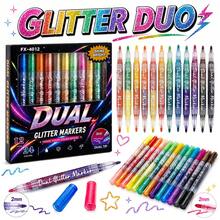 24-Color Dual-Tip Glitter Marker Set, Quick-Drying Water-Based Markers, 2mm Tip, For Drawing And Card Making - Multicolor - View 1