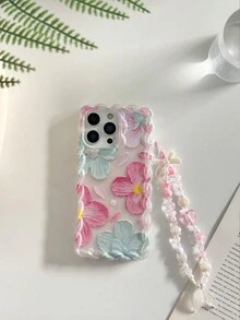 扭曲波浪邊極簡高級 TPU 花卉彩繪防摔手機殼 保護套 附手工串珠手鍊配件，適用 16/11/16 Pro/16 Plus/16 Pro Max/16e/15 Pro Max/13/14/12/XS/XR/7G/8PXR/7/8， 15 Pro Max/Apple 13/14/Apple 11 軟殼 P12 防摔 X 扭曲波浪邊 12/14 彩繪 TPU 防摔軟殼手機殼 - 彩色 - 查看 4