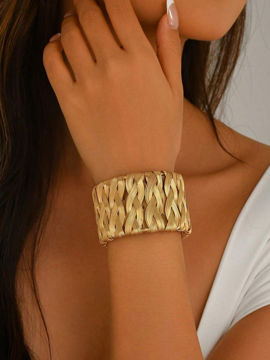 1pc Fashion Minimalist Hand-Woven Design Wide Open Metal Bracelet For Women, Suitable For Daily Wear - 金色-B1552 - 查看 1