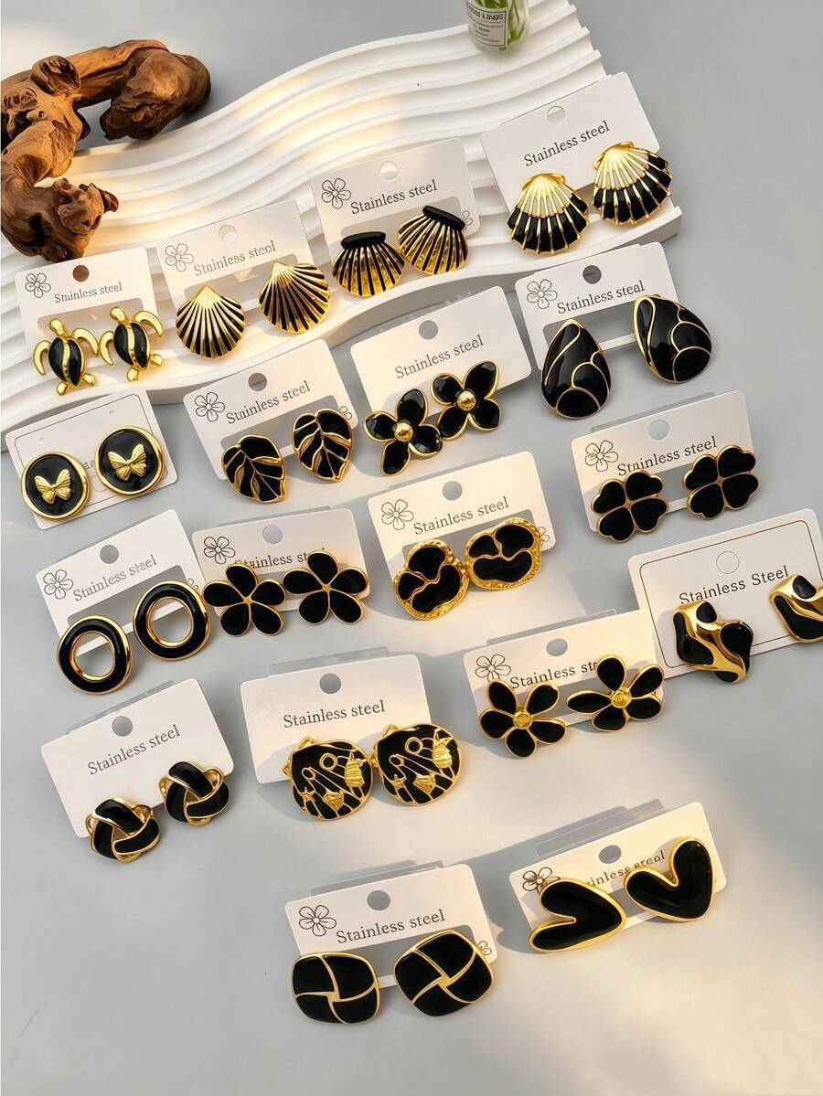4/8/16/24-Piece Black Enamel Clover Stainless Steel Earring Set – Women's Jewelry – Fashion Party Earrings - Multicolor - View 1
