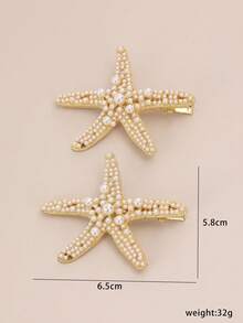 2PCS Faux Pearl Starfish Hair Clips, Women's Ocean Series Gold Metal Hair Clips, Bohemian Y2K Style Beach Hair Accessories, Elegant Starfish Hair Clip Set - Multicolor - View 4