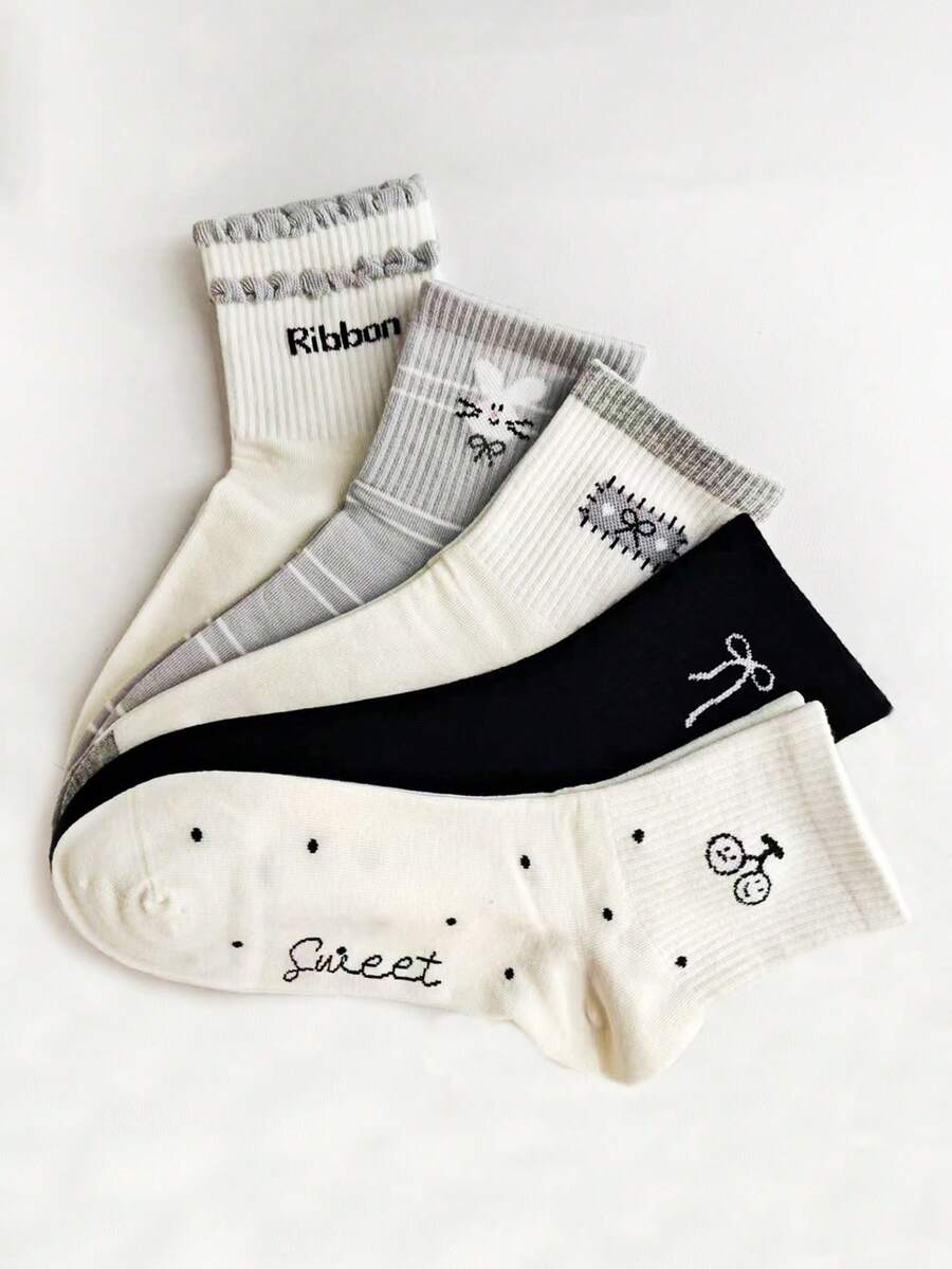 1/5 Pairs Women's Cute Letter Bow Rabbit Short Socks, Soft & Breathable, Suitable For Commuting, Home Wear, Holiday Gifts - Multicolor - View 1