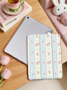 1件 藍白條紋粉色鬱金香平板保護殼，相容 iPad Mini 4/5/6/7/Air/Air2/9.7/10.2/10.5/10.9 (Air4-Air8)/Pro 11/10th Gen/A16/Pro 11 2024，相容 Galaxy A8 機型，彩繪圖案平板保護殼，軟殼，三折支架，自動休眠/喚醒，內置筆槽，不含筆 - 彩色 - 查看 3