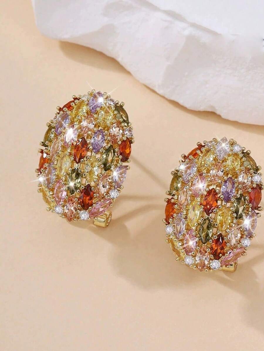 1 Pair Heavy-Duty Oval Colorful Gemstone Full Rhinestone Stud Earrings ...