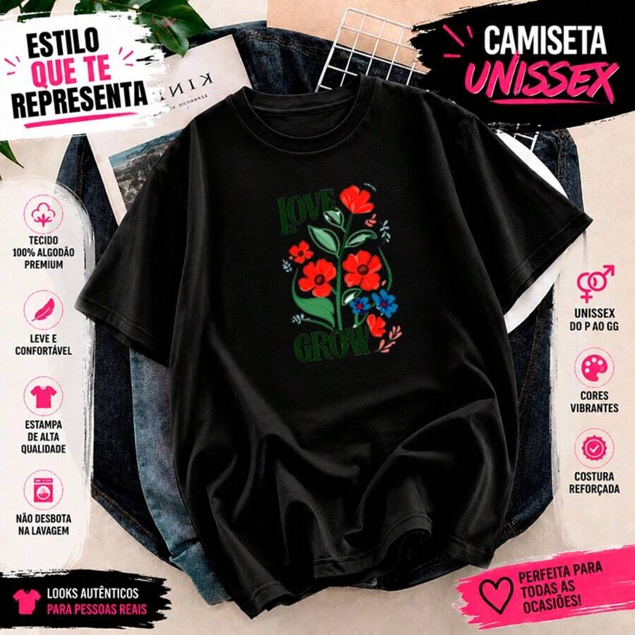 Camiseta Tshirt 100% Algodão Tecido Premium Delicado Casual Academia Love Grow - Preto - Visão 1