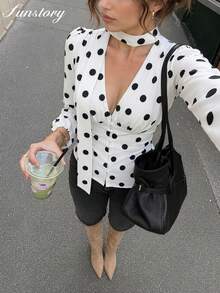 French Vintage Polka Dot Ribbon Blouse For Women, Design-Focused V-Neck Cinched Waist Puff Sleeve Fitted Long Sleeve Top, Suitable For Commuting, Dating, And Street Photography - White - View 1